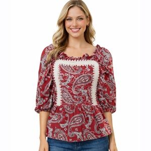 SEA NY Theodora Paisley Print Puff Sleeve Red & White Blouse Women’s Size XS